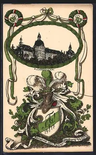 Künstler-AK K. Zimmermann: Neuburg a. D., Absolvia 1917, Wappen, Burgansicht, Ehrenkränze, Ritterhelm