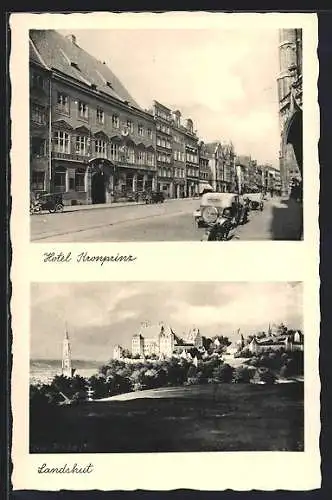 AK Landshut / Isar, Hotel Kronprinz, Ortspartie mit Kirche