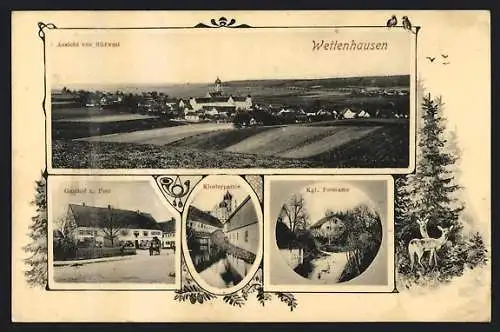 AK Wettenhausen, Gasthof zur Post, Klosterpartie, Kgl. Forstamt, Gesamtansicht von Südwest, Rehe