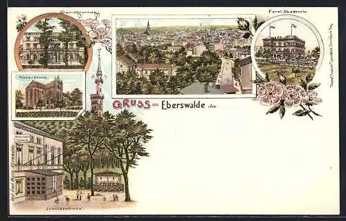 Lithographie Eberswalde, Gasthof Schützenhaus E. Schapmeier mit Garten, Forst Akademie, Gesundbrunnen, Ortsansicht