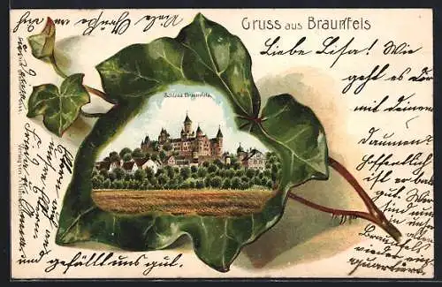 Passepartout-Lithographie Braunfels, Ansicht von Schloss Braunfels auf Efeublatt