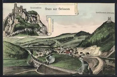 Künstler-AK sign. Hans Pernat: Gerhausen, Rosenschloss, Gesamtansicht mit Bahnviadukt und Schillerstein / Hörnle