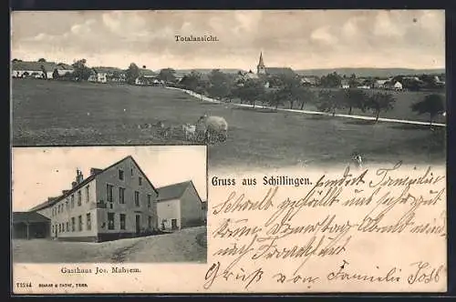 AK Schillingen, Gasthaus Jos. Mahsem, Totalansicht mit Landstrasse