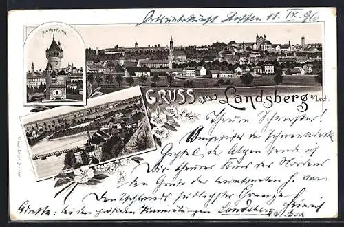 Lithographie Landsberg / Lech, Panorama mit Mutterturm und Karolinenbrücke