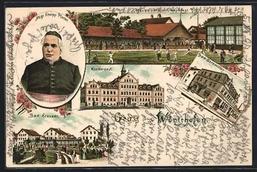 Lithographie Bad Wörishofen, Wandelbahn mit Glaspalast, Kinderasyl, Msgr. Pfarrer Kneipp