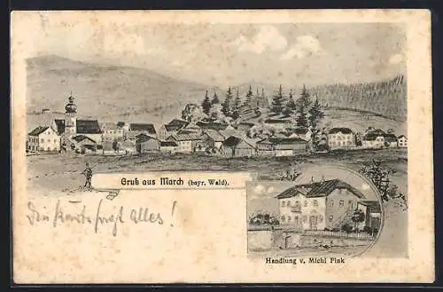 Künstler-AK sign. Hans Pernat: March / bayer. Wald, Handlung Michl Fink, Gesamtansicht mit Bergpanorama