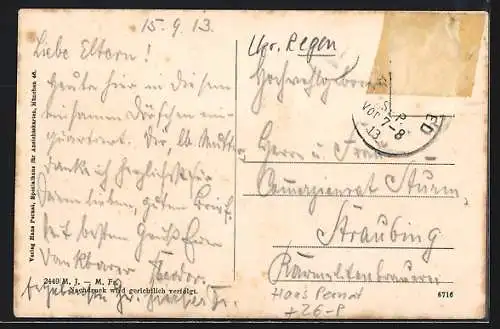 Künstler-AK sign. Hans Pernat: March / bayer. Wald, Handlung Michl Fink, Gesamtansicht mit Bergpanorama