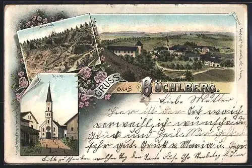 Lithographie Büchlberg, Steinbruch, Kirche, Ortsansicht
