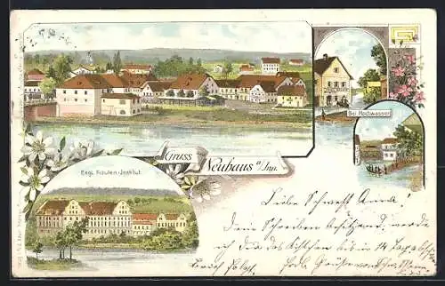 Lithographie Neuhaus a. Inn, Engl. Fräulein-Institut, Ort bei Hochwasser
