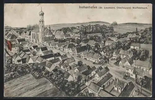 Künstler-AK Inchenhofen, St. Leonhard, Ortsansicht mit Strasse u. Kirche aus der Vogelschau