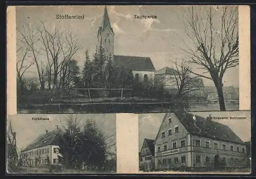 AK Stoffenried, Brauerei Schlosser, Forsthaus, Teichpartie mit Kirche