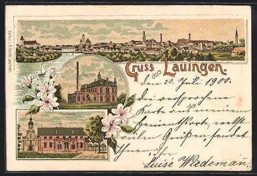 Lithographie Lauingen, Turnhalle mit Turmgebäude, Centrale, Ortspanorama mit Brücke