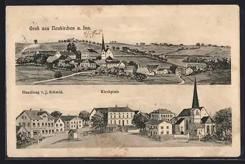 Künstler-AK sign. Hans Pernat: Neukirchen am Inn, Kirchplatz m. Handlung J. Schmid, Gesamtansicht mit Landstrassen