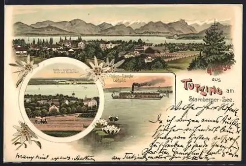 Lithographie Tutzing /Starnberger See, Salon-Dampfer Luitpold, Ortspartie mit Ammerland, Gesamtansicht mit Bergpanorama