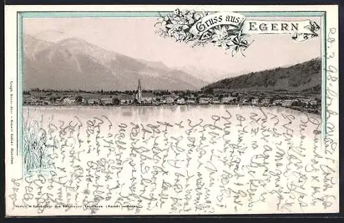 Lithographie Egern, Ortspanorama mit Bergen vom Wasser aus, Edelweiss