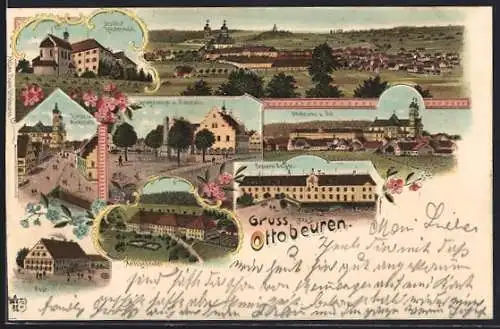 Lithographie Ottobeuren, Brauerei Geiger, Institut Klosterwald, Kriegerdenkmal & Rathaus