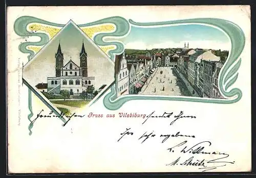 Künstler-AK Vilsbiburg, Kirche, Strassenpartie mit Geschäften aus der Vogelschau, Ornament-Rahmen
