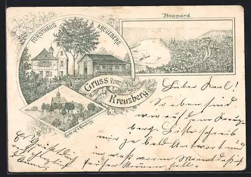 Lithographie Boppard, Gaststätte Forsthaus Kreuzberg, Kapelle a. d. Kreuzberg, Ortsansicht mit Rhein