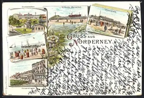 Lithographie Norderney, Conversationshaus, Victoriahalle, Giftbude Herrenbad