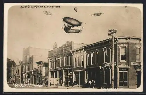 AK Lake City, IA, Zukunft, Zeppelin mit Galeere, Ballon & Flugzeug über der Stadt im Jahre 1950