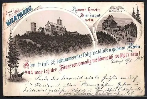 Vorläufer-Lithographie Wartburg, 1894, Wartburg Restaurant von F. Wieprecht