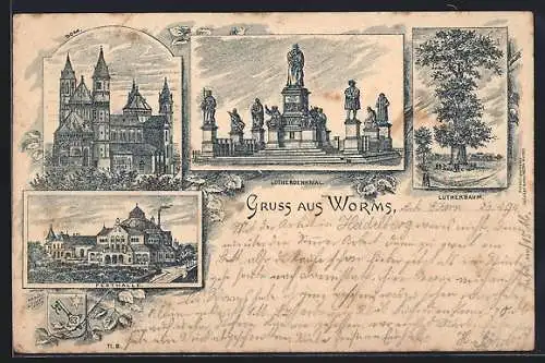 Vorläufer-Lithographie Worms, 1894, Festhalle, Dom, Lutherdenkmal, Lutherbaum