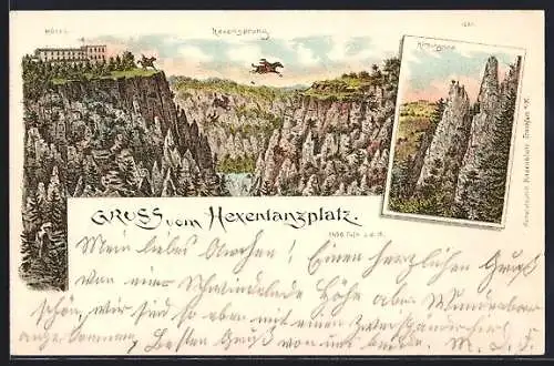 Vorläufer-Lithographie Thale / Harz, 1895, Hotel, der Hexentanzplatz mit dem Hexensprung, Hirschgrund