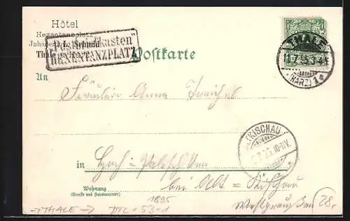 Vorläufer-Lithographie Thale / Harz, 1895, Hotel, der Hexentanzplatz mit dem Hexensprung, Hirschgrund