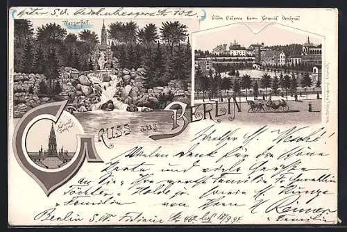Vorläufer-Lithographie Berlin, 1894, Villen Colonie beim National Denkmal, Wasserfall Viktoriapark