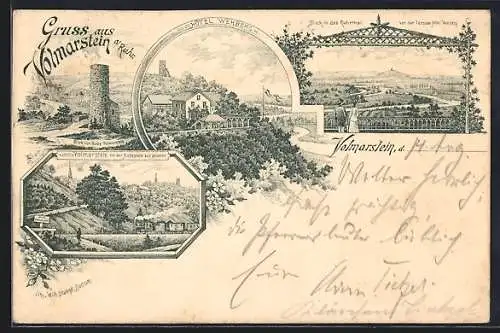 Vorläufer-Lithographie Volmarstein, 1893, Hotel Wehberg, Blick in das Thal vom Hotel, eisenbahn von der Haltestelle aus
