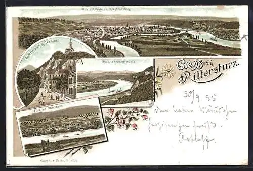 Vorläufer-Lithographie Koblenz, 1895, Rittersturz, Blick auf Horchheim und Ehrenbreitenstein