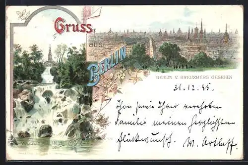 Vorläufer-Lithographie Berlin-Kreuzberg, 1895, Wasserfall im Viktoriapark, Blick über die Stadt