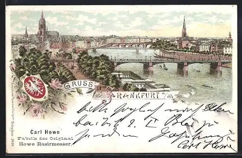 Lithographie Frankfurt a. M., Private Stadtpost, Blick auf die Stadt mit Wappen