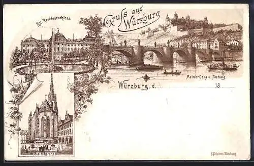 Vorläufer-Lithographie Würzburg, 1894, Marienkirche, Kgl. Residenzschöoss, Mainbrücke und Festung, Verlag Franz Scheiner