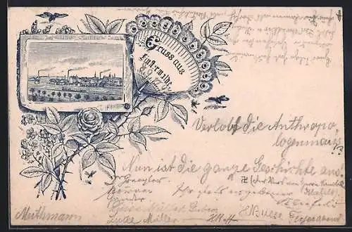 Lithographie Finsterwalde, Blick auf den Ort, Fächer mit Pfauenfedern
