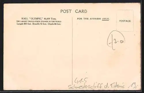 AK R.M.S. Olympic, Schwesternschiff der RMS Titanic, White Star Line