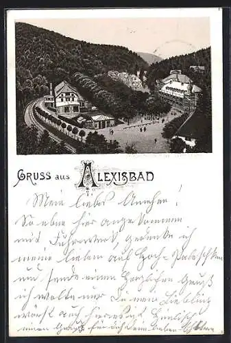 Vorläufer-Lithographie Alexisbad, 1895, Blick auf das Kurhotel mit Blick zum Ort