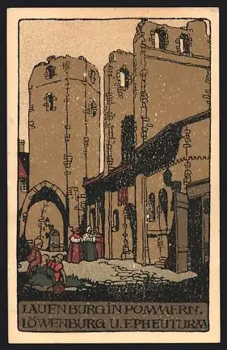 Steindruck-AK Laufenburg in Pommer, Löwenburg u. f. Pheuturm