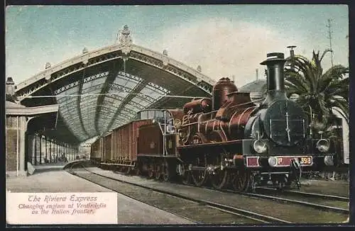 AK Ventimiglia, The Riviera Express, Changing engines on the Italian frontier, Bahnhof
