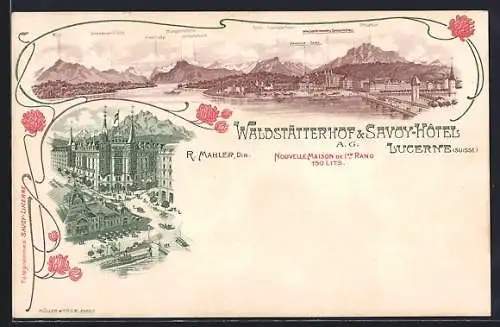 Lithographie Lucerne, Hotel Waldstätterhof und Savoy, Panorama