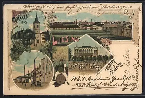 Lithographie Wien-Liesing, Restaurant und Conzertgarten, Bräuhaus, Kirche