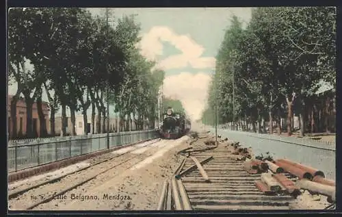 AK Mendoza, Calle Belgrano, Eisenbahn, Gleisbauarbeiten