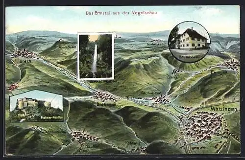 Künstler-AK St. Johann / Schwäbische Alb, Gasthaus, Hohen-Neuffen, Ermstal aus der Vogelschau