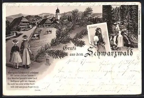 Lithographie St. Georgen / Schwarzwald, Gedicht, Ortspartie, elegantes Paar auf dem Spaziergang, Trachten