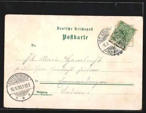 Lithographie St. Georgen / Schwarzwald, Gedicht, Ortspartie, elegantes Paar auf dem Spaziergang, Trachten