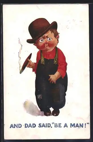 AK Junge in Latzhose raucht eine Zigarre