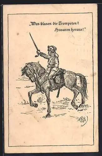 AK Husar der Kavallerie in Uniform zu Pferde