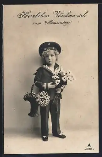 AK Kleiner Matrose mit Blumenstrauss, Glückwunsch zum Namenstag