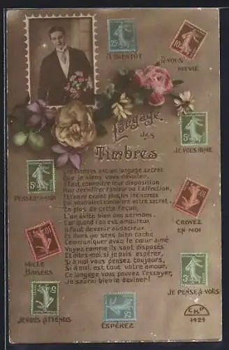 AK Briefmarkensprache, Croyez en moi, Espérez, Mille Baisers, Herrenportrait