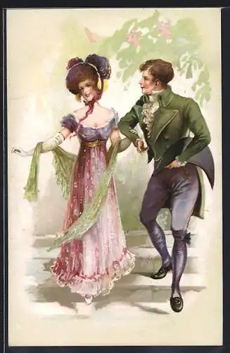 AK Elegantes Paar auf einer Treppe, Biedermeier